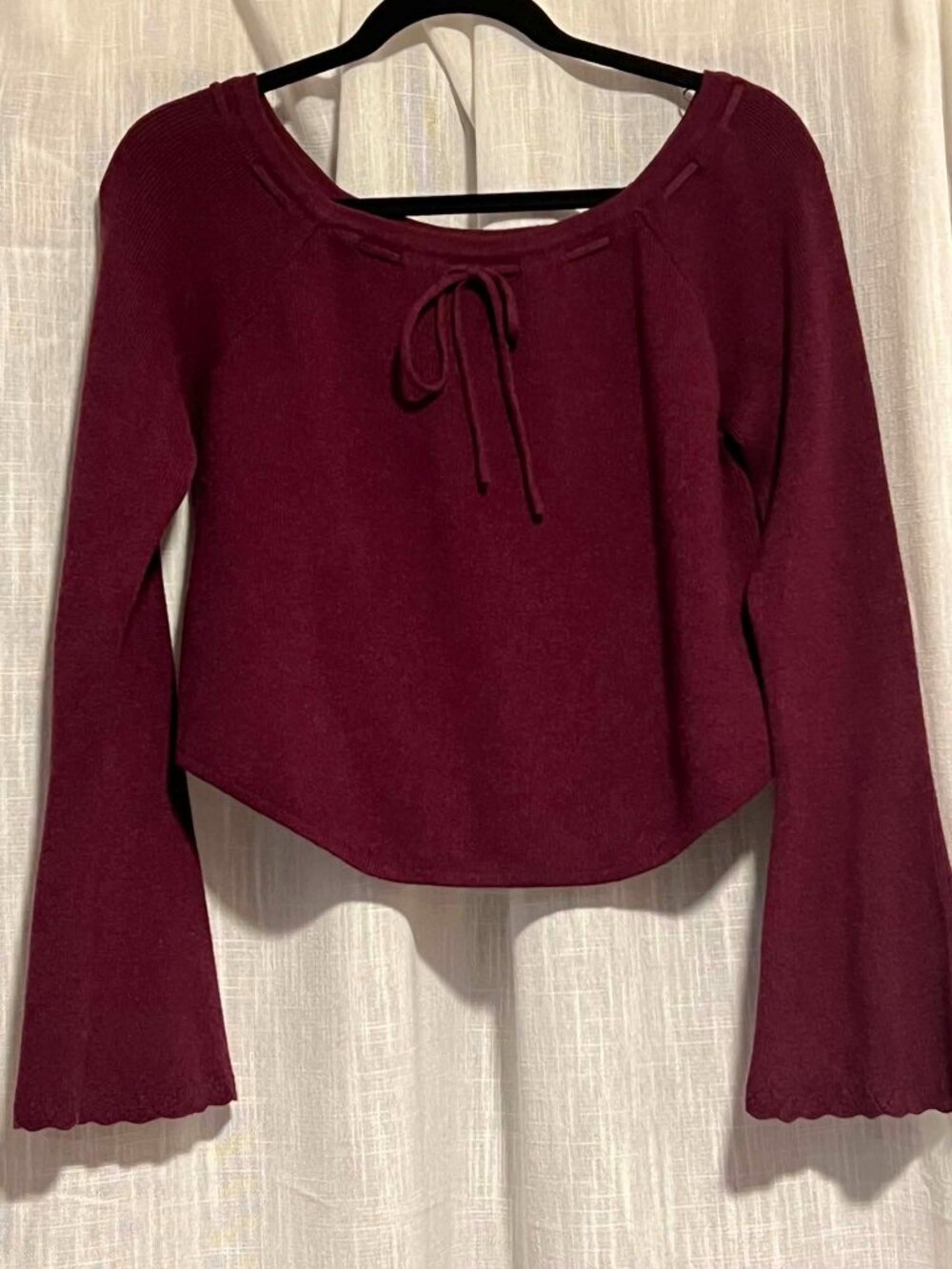 Madden NYC Sweater  Long Sleeve Laced Tie Top Burgundy